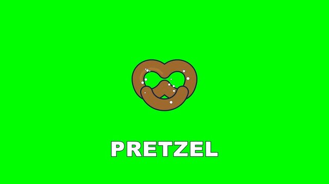 4K green screen PRETZEL animated title - a glossy soft pretzel with salt, kinetic typography motion graphics intro overlay, chroma key