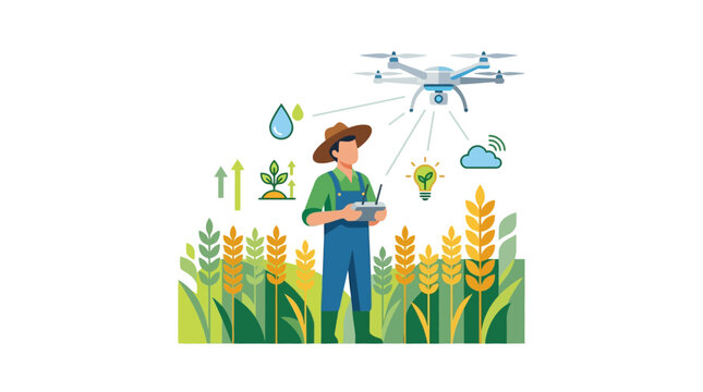 Smart farmer operating autonomous agricultural drone for precision crop monitoring in wheat field flat vector illustration.