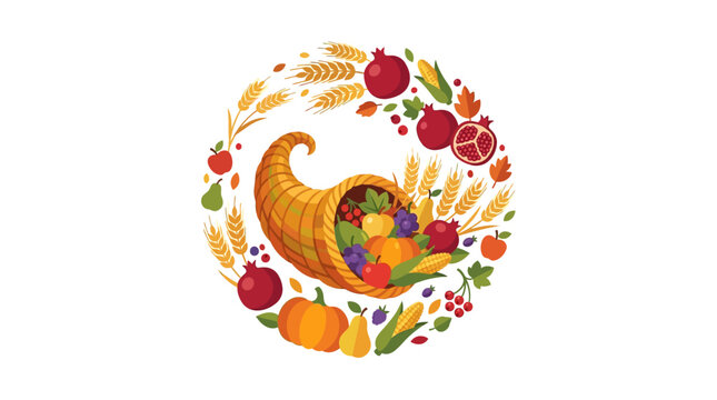 Thanksgiving cornucopia overflowing with autumn harvest fruits and vegetables wreath flat vector illustration.
