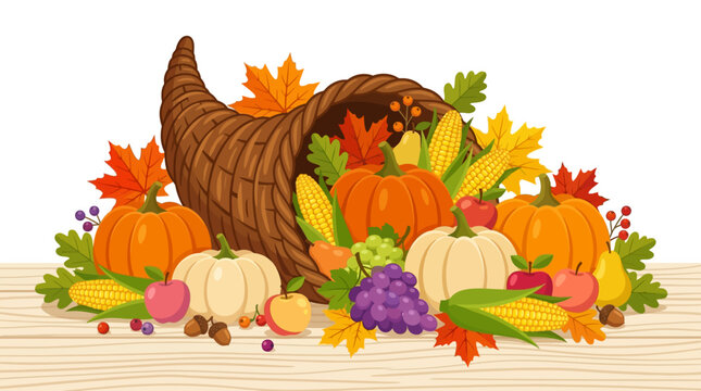 Vibrant Thanksgiving cornucopia overflowing with autumn pumpkins and harvest fruits flat vector illustration.