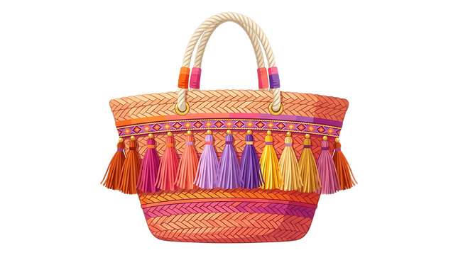Colorful woven straw tote bag with decorative tassels