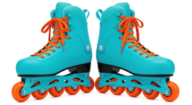 Teal roller skates with orange wheels and laces