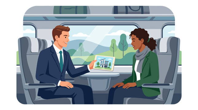 Professional real estate agent presenting digital property listing to woman on train trip flat design vector illustration