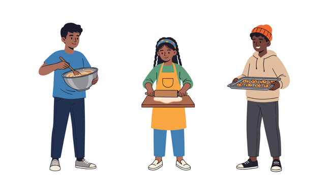 Three children of different ages happily baking together in the kitchen, preparing food and enjoying a hobby.