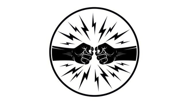 Black and white fist bump icon with lightning bolts