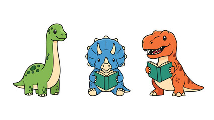 Naklejka premium Three cute cartoon dinosaurs reading books, a green brachiosaurus, a blue triceratops, and an orange tyrannosaurus rex.