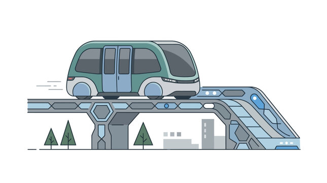 Vector illustration of a futuristic monorail train traveling on an elevated track with modern cityscape and trees in the background