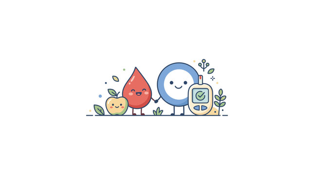 Cute Blood Drop and Glucose Meter Cartoon for Diabetes Concept