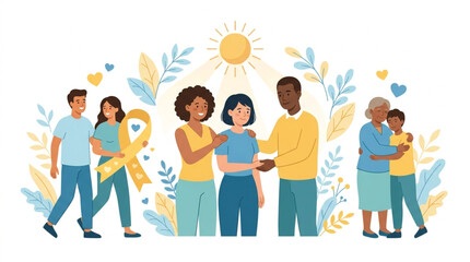 Obraz premium Diverse groups of people showing support and care, with symbolic ribbons and sun, conveying a hopeful and loving mood against a light background