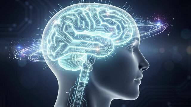 Futuristic human brain with glowing digital circuits and cosmic elements symbolizing artificial intelligence and technology