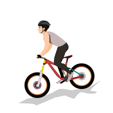 Side view vector illustration of a young male cyclist riding a red downhill mountain bike on a slope. The man is wearing a grey sleeveless shirt, black pants, and a bicycle helmet, isolated on a white
