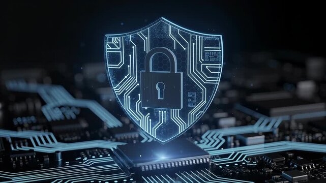 Digital cybersecurity shield with lock icon over computer motherboard protecting data and technology networks