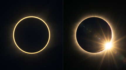 Obraz premium Annular and total solar eclipse phases side by side.