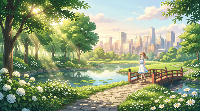Anime girl walking on stone bridge in sunny park with city skyline.
