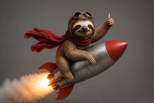 A sloth wears goggles and a red scarf while sitting on a rocket. The rocket shoots flames and smoke as it lifts off. The background is a simple gray color.