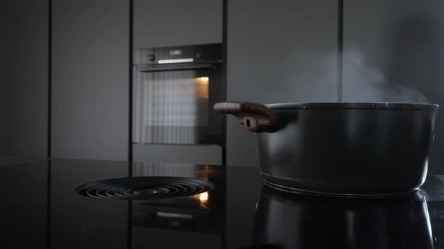 A sleek black pot boils on a modern induction stove with an integrated downdraft kitchen extractor. Cinematic shot of steam rising in a minimalist highend kitchen.
