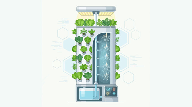 Aeroponic Vertical Farming Tower Cross Section Diagram with Smart Hydroponic Mist System and LED Grow Lights