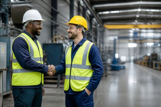 Two workers in safety vests and helmets shake hands inside a large warehouse. They are standing on a clean floor surrounded by equipment. It is afternoon.