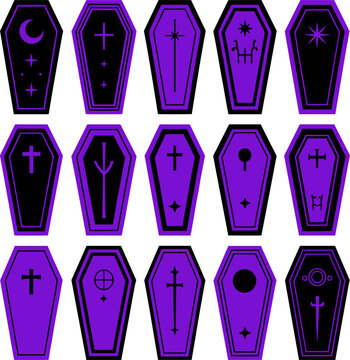 Halloween vector collection 15 spooky coffin graphics with celestial and religious symbols for fall designs