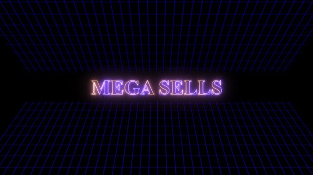 Neon text reading mega sells glows brightly against a dark digital grid background that creates a sense of depth and perspective for commercial advertisements and promotional marketing graphic.