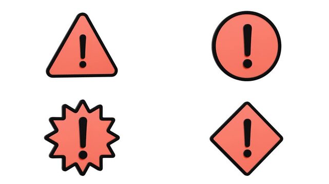様々な形のビックリマークの3Dアイコンがループ回転するアニメーション。注意や警告、エラーを示すエクスクラメーションマークのシンボル。黒く縁取られた赤い図形の注意喚起マーク