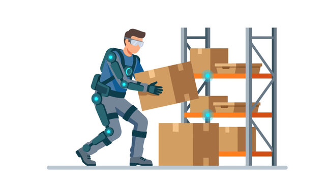 Smart logistics worker utilizing a powered exoskeleton for heavy lifting in a modern warehouse flat vector illustration.