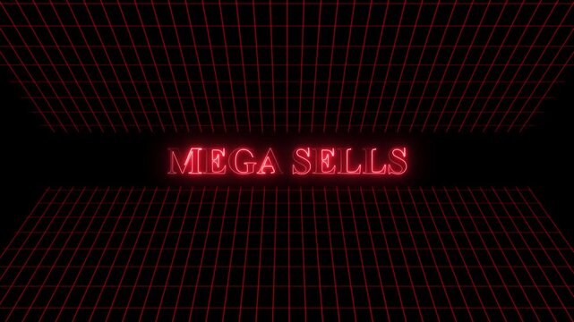 Neon text reading mega sells glows brightly against a dark digital grid background that creates a sense of depth and perspective for commercial advertisements and promotional marketing graphic.