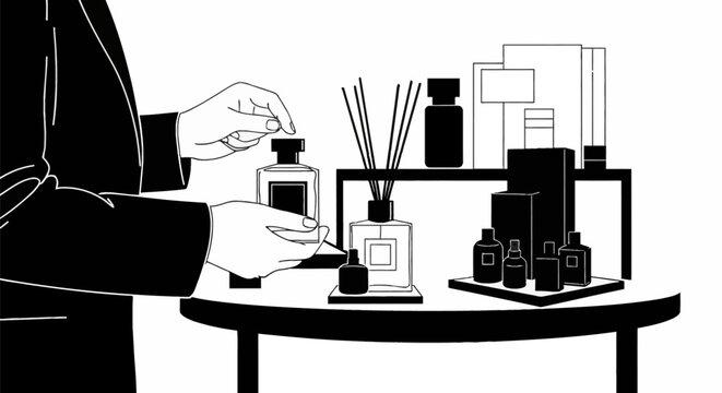 Minimalist vector illustration of a person in a suit selecting a perfume bottle from a retail fragrance display featuring various glass scent bottles and aromatic reed diffusers.