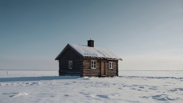 Rustic Log Cabin in Snowy Landscape Under Clear Sky