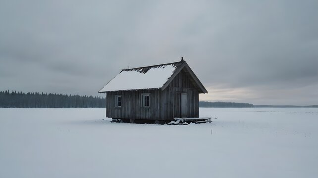 Weathered Wooden Cabin Surrounded by Snowy Field in Calm Landscape