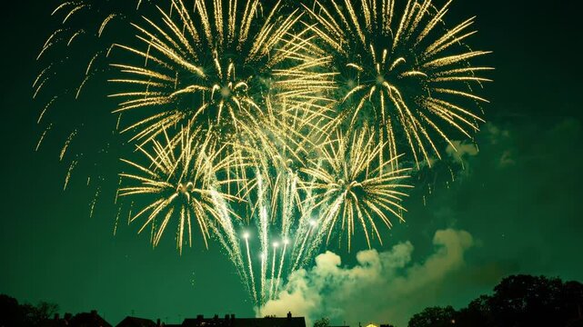 Bright golden fireworks exploding over dark night sky with silhouette of trees and buildings below