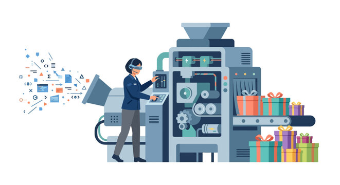 Female engineer operating automated gift packaging machine in smart factory flat design vector illustration.