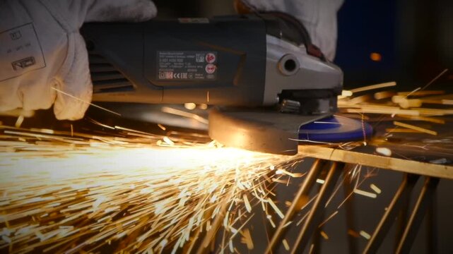 Slow-motion close-up of an angle grinder cutting a steel beam as bright sparks fly across the frame inside an industrial workshop.