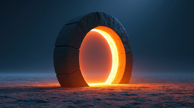 Ancient stone arch with glowing opening in dark misty scene
