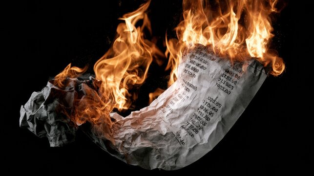 Crumpled receipt paper ignites and burns against a dark background, representing the stress and frustration of financial activities in daily life.