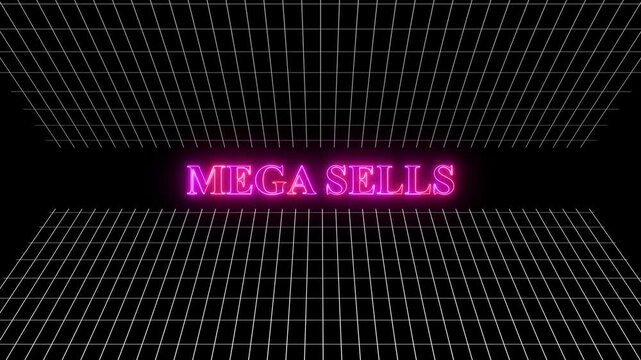 Typography text displays the words Mega Sells in a vibrant pink neon glowing font set against a dark perspective grid background to evoke a retro aesthetic ideal for marketing and sales campaigns.