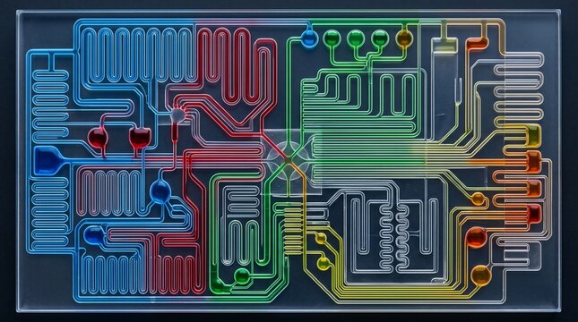 Microfluidic chip with colorful fluid channels, laboratory research and scientific innovation medical concept, texture background, copy space