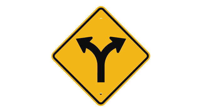 Bright yellow diamond shaped road sign featuring a bold black fork symbol indicating split directions isolated against a plain white background in a studio setting