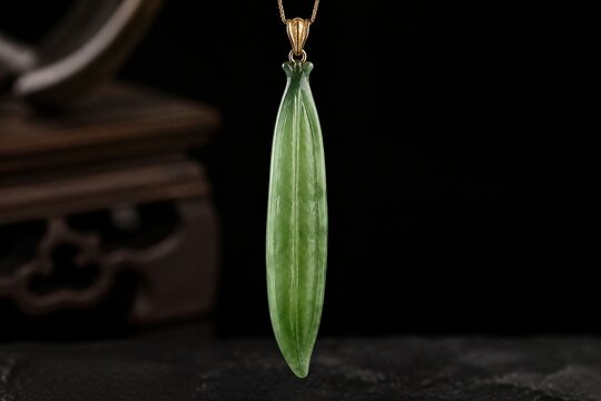 A slender green jade pendant shaped like a silique on a dark background.