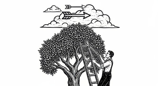 Man climbing ladder to trim tree under airplane flying by