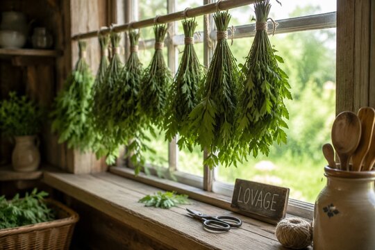 Rustic kitchen windowsill with bundles of drying lovage herbs on a wooden surface in soft afternoon light.