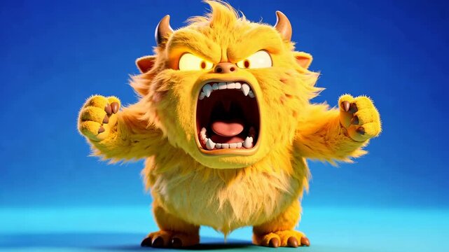 Cute angry yellow monster roaring with open mouth on blue background cartoon character