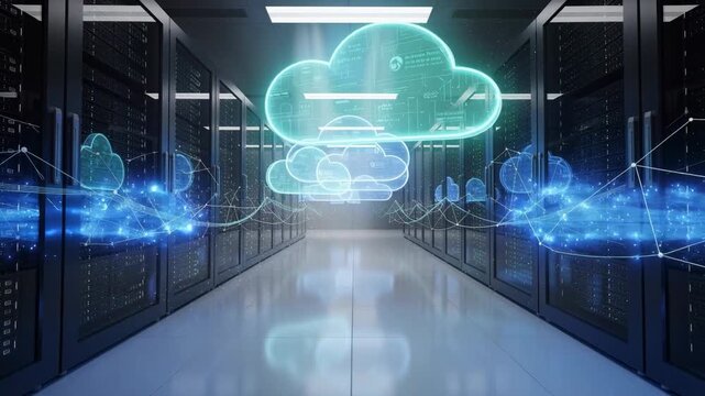 Modern data center with cloud computing technology and digital network connections in a server room
