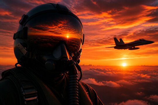 A pilot wears a helmet with a visor showing the sunset. A jet flies nearby above clouds during twilight hours. The scene captures the moment of flying.
