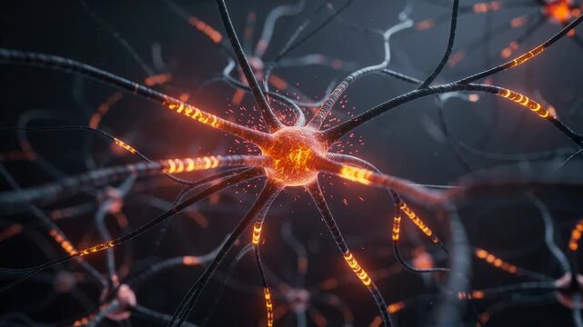 Glowing neural network with bright orange synapses representing brain activity and nerve cell communication
