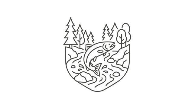 Corporate Minimalist Line Drawing Logo Featuring Fish Trees and Water Elements in Black and White