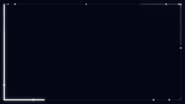 Dark screen with thin white glowing geometric lines forming a frame with small white dots, abstract digital background