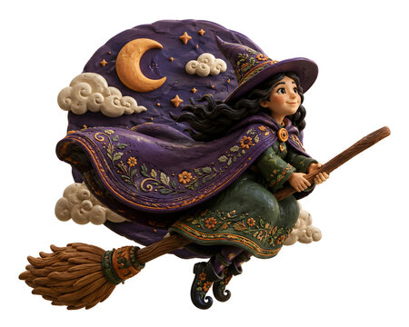 Halloween Witch Flying on Broomstick Low Angle 3D Clay Render Folk Art Illustration