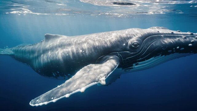 Close up of a majestic humpback whale swimming underwater in clear blue ocean water