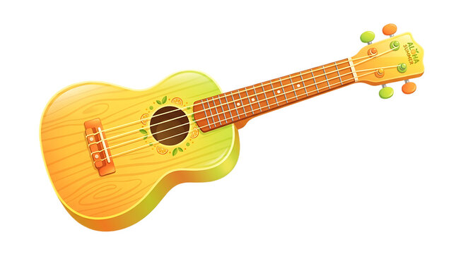 Bright tropical wooden ukulele vector illustration with citrus fruit decoration